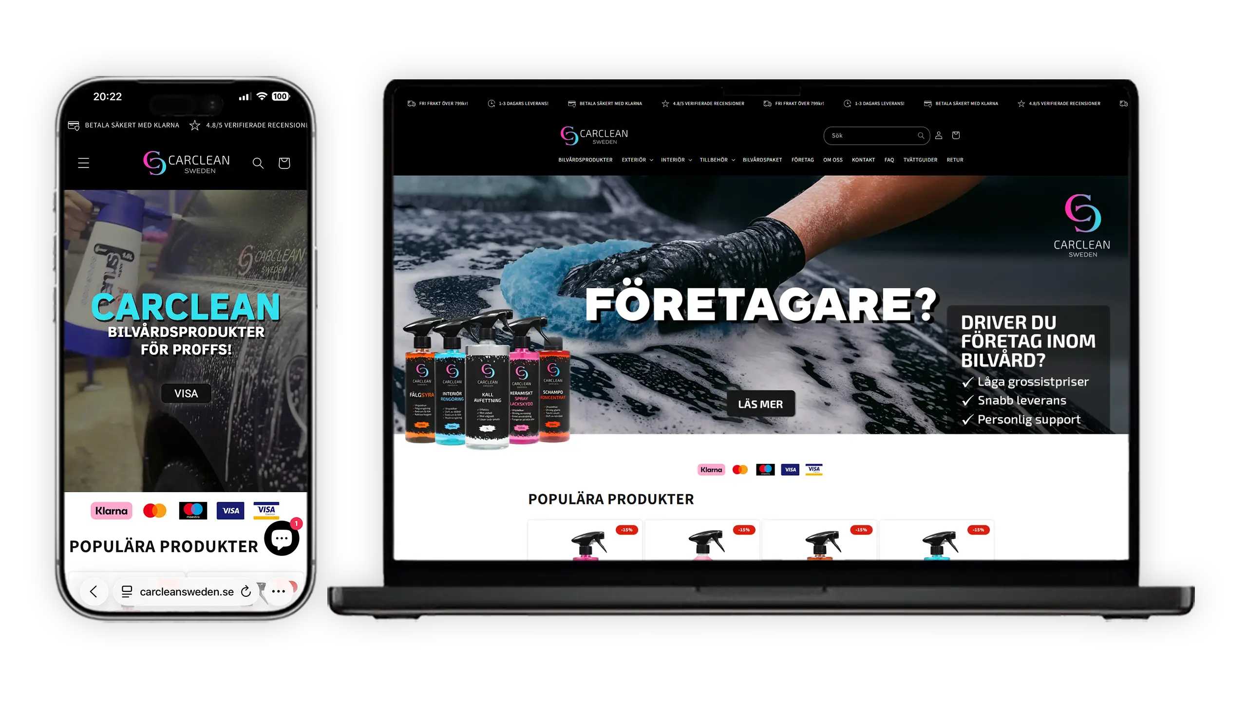 Modern webbdesign och e-handel för CarClean Sweden, visad på mobil och dator med fokus på bilvårdsprodukter för företag.