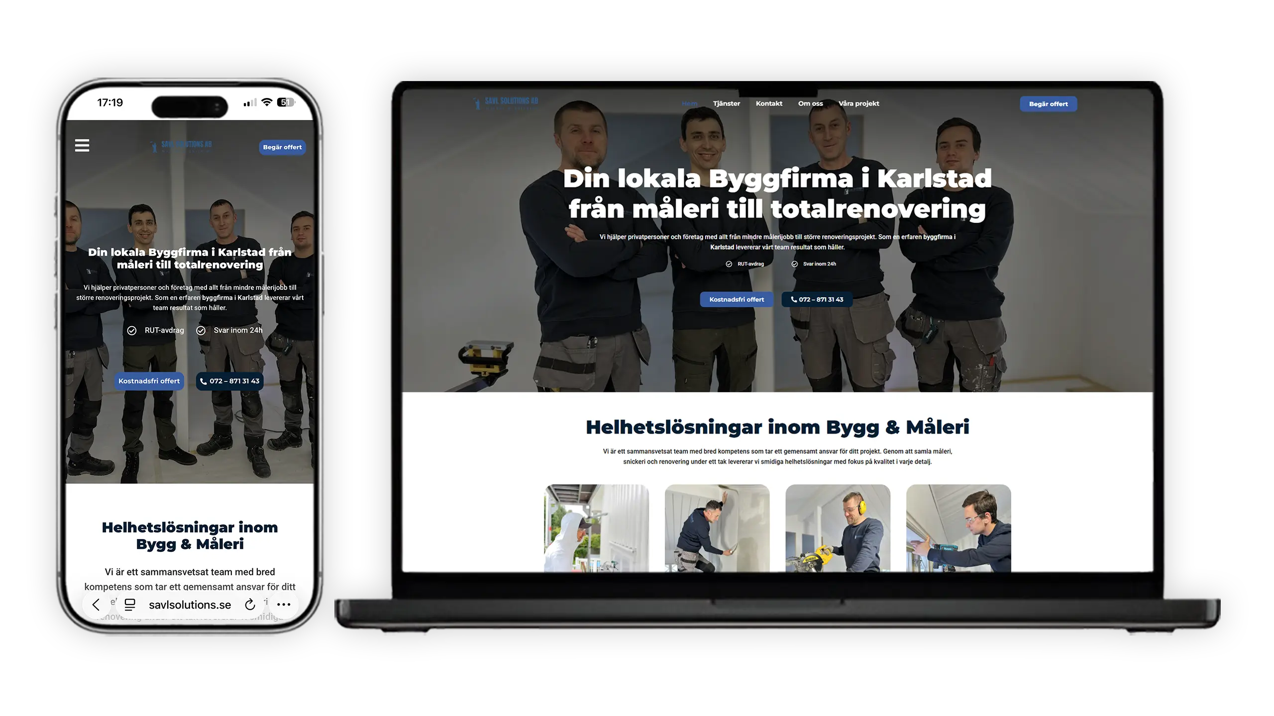 Responsiv webbdesign för SAVL Solutions AB visad på mobil och laptop – Din lokala byggfirma i Karlstad